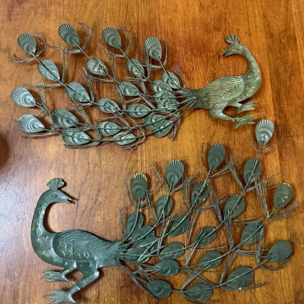 Rare Blue Vintage Peacock Wall Art Pair Mid Century Modern Hong Kong 1960’s